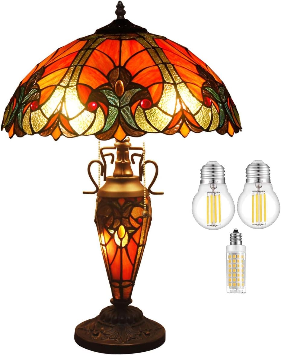 WERFACTORY Tiffany Lamp Red Stained Glass Liaison Mather-Daughter Vase Table Lamp 16X16X24 Inch Antique Desk Reading Light Decor Bedroom Living Room Home Office S160R Series