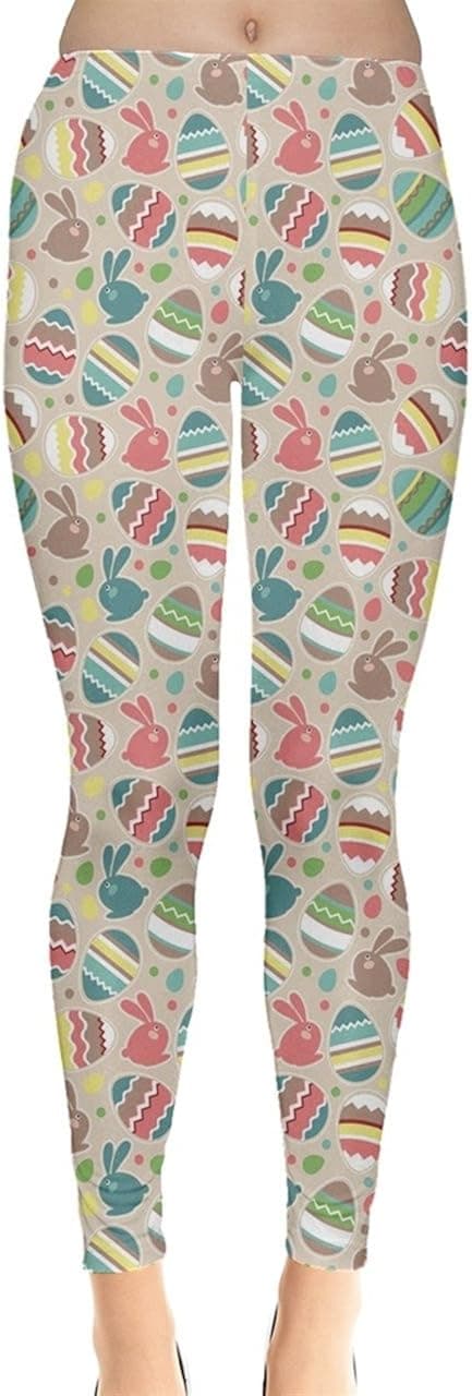 CowCow Womens Bunny Rabbits Easter Eggs Floral Pattern Stretchy Leggings, XS-5XL