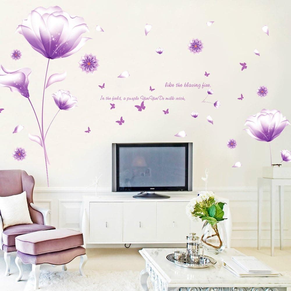 ufengke Beautiful Purple Flowers Wall Decals, Living Room Bedroom Removable Wall Stickers Murals