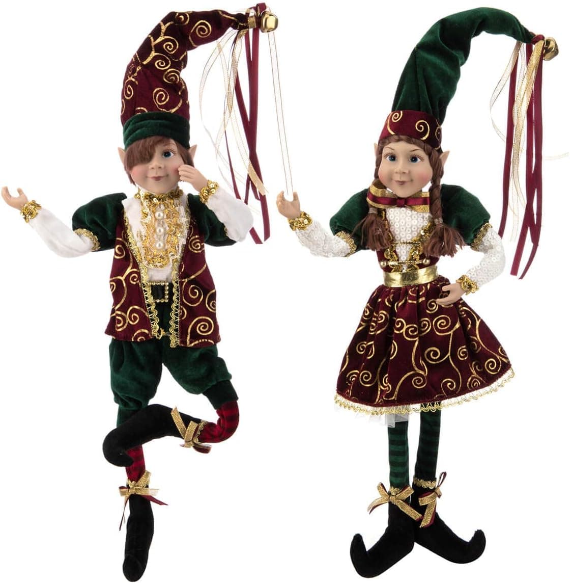 24" Christmas Elves Posable Elf Xmas Figure - Set of 2 Red and Green Posable Elf Christmas Figure, Xmas Holiday Party Home Decoration (Green & Red)