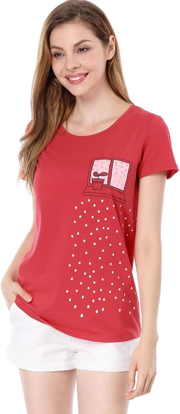 Allegra K Women Scoop Neck Short Sleeve Tee Novelty Prints Summer Tops T Shirts, Watermelon Red, X-Small / US 2