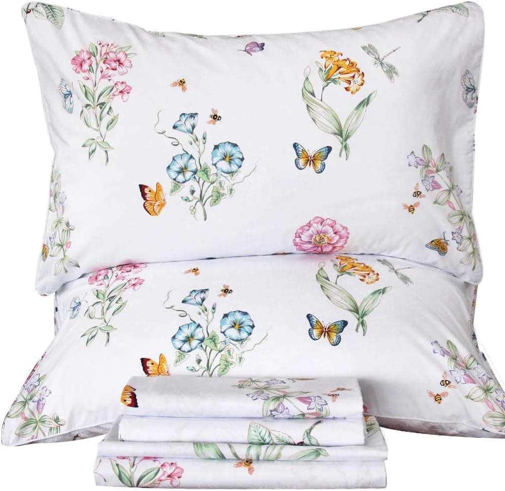 QSH Floral King Size Sheet Sets - Flower Butterfly Print Pattern Egyptian Cotton Printed Bedding Sheets 4pcs Extra Soft and Breathable 17.5" Extra Deep Pocket King Size Sheets