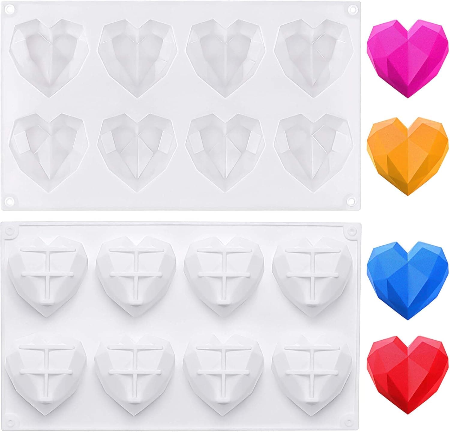 MIKIMIQI 1 Pack Diamond Heart Silicone Molds 8 Cavity 3D Diamond Love Heart-Shaped Silicone Chocolate Mold Non-Sticky Tray for Handmade Chocolate, Candy, Mousse Cake Baking, Dessert, Soap, White