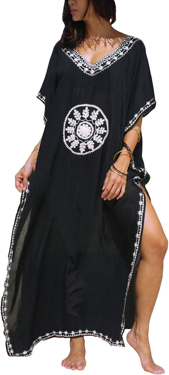 QIUYEJUO Kaftan Dress for Women Long Embroidery Beach Swimsuit Cover Up Side Slit Caftan