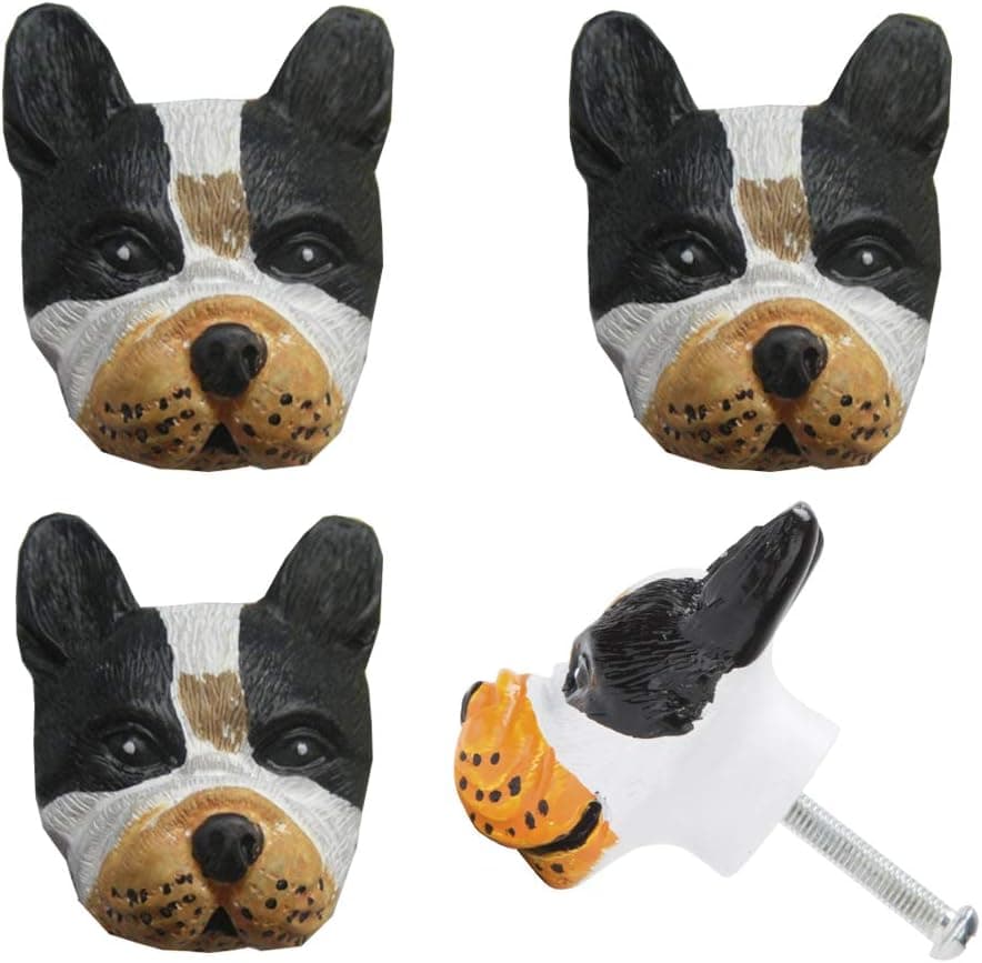 lemonadeus Frenchie Dog Head Knobs Unique Bulldog Knobs Drawer Boston Terriers Pulls Drawer Handle(Set of 4) Kitchen Cabinets Knobs, Frenchie Knobs for Dresser Drawers Pulls