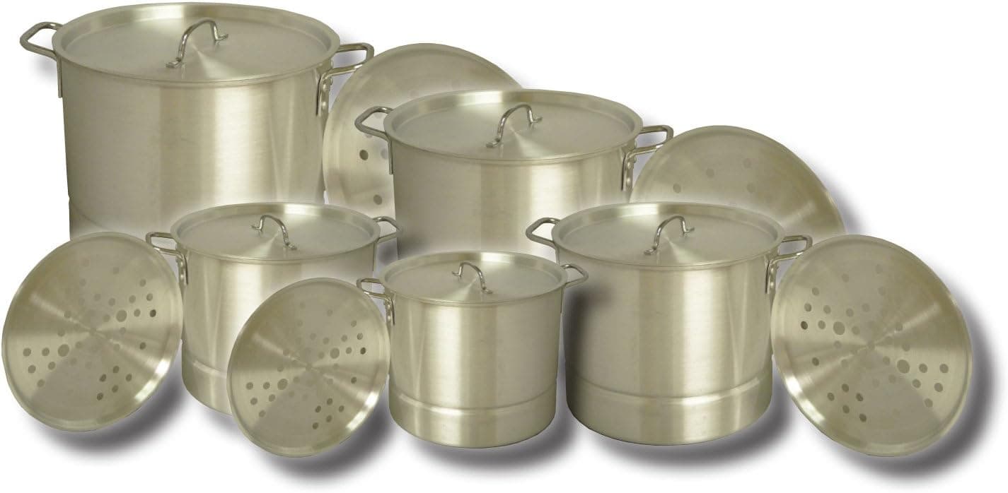 King Kooker Aluminum 5 Pot Set Includes: 20, 24, 32, 40 & 52 Quart Pots with Lids and Steamer Plates, # KK20-52