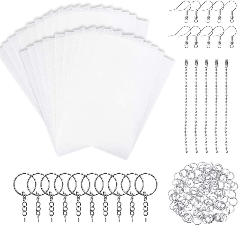 Rainmae 145pcs Heat Shrink Plastic Sheets Pack, Include 20 PCS Blank Shrinky Art Film Paper with 125 PCS Keychains Accessories for DIY Ornaments or Creative Craft