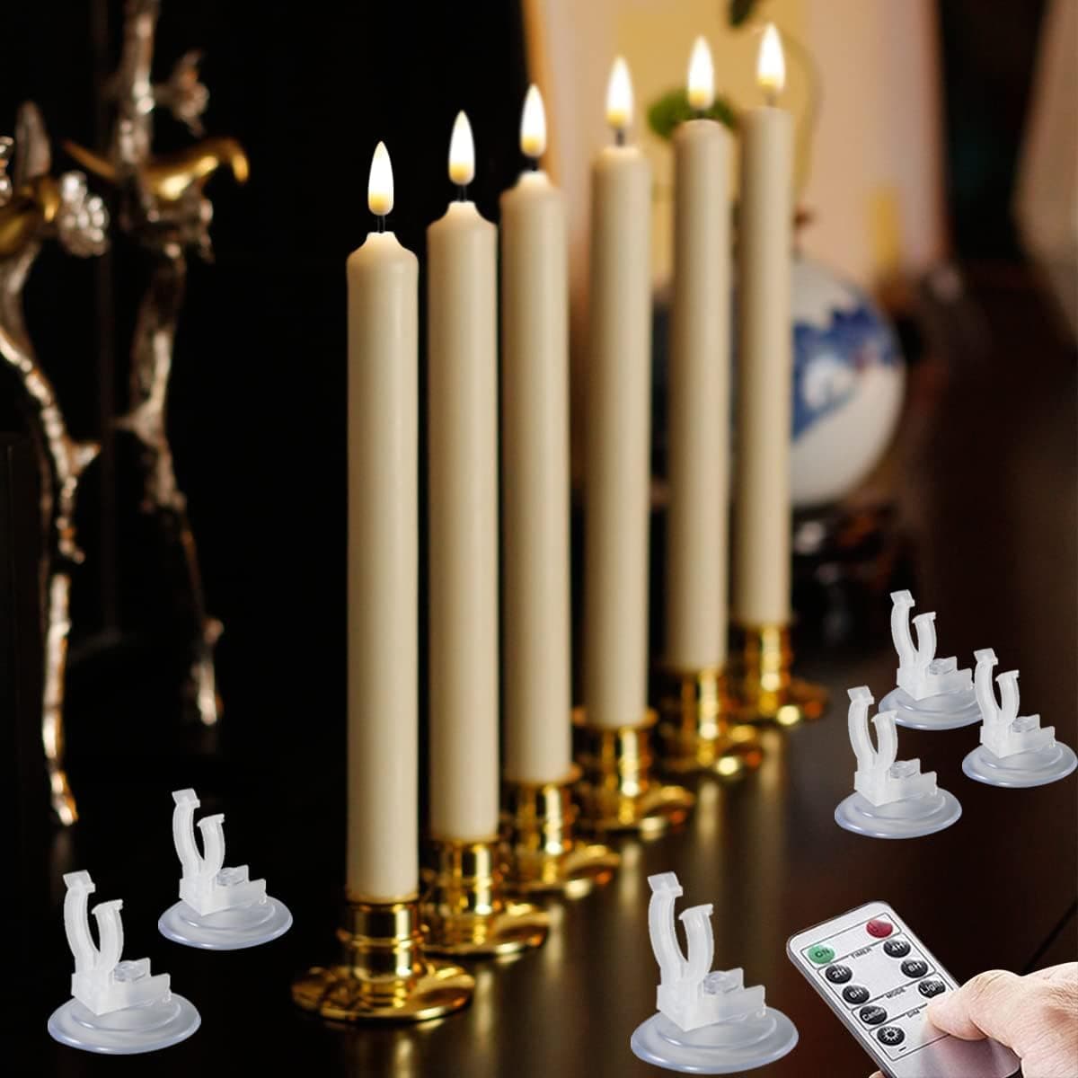 NONNO & ZGF 6 Pack Windows Candles with 6 Golden Removable Candlesticks + 6 Suction Cups, 10'' Flameless Battery Ivory Taper Window Candle with Remote and Timer Function, 3D Flickering Wick