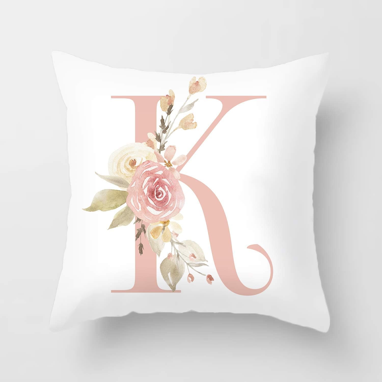 YeeJu Alphabet K Decorative Throw Pillow Covers English Letters Floral Pillow Covers White Velvet Soft Square Cushion Covers Outdoor Sofa Bedding Car and Home Decor Pillow Cases 18x18 Inch (Letter K)