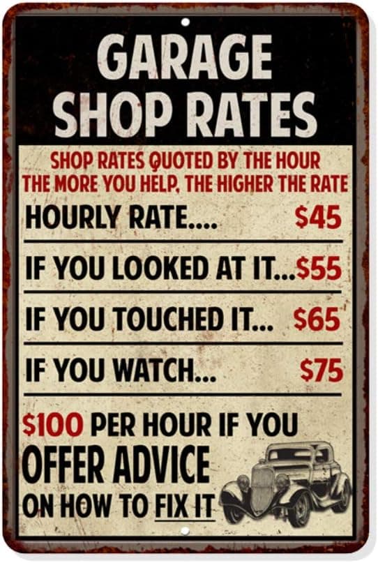 Shop Rates Sign Garage Rustic Wall Décor Mechanic Signs Pops Decorations Mechanics Automotive Man Cave Bar Tin Vintage Mancave Car Funny Retro Plaque Dads Gift 8 x 12 High Gloss Metal 208120068019