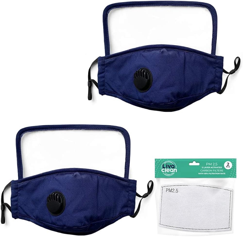 LivaClean (2 Pack with 2 Filters) Dust Mesh Cover with Activated Carbon Filters for Woodworking Construction Outdoors Indoors Travel (2, Navy w/Eye Shield)