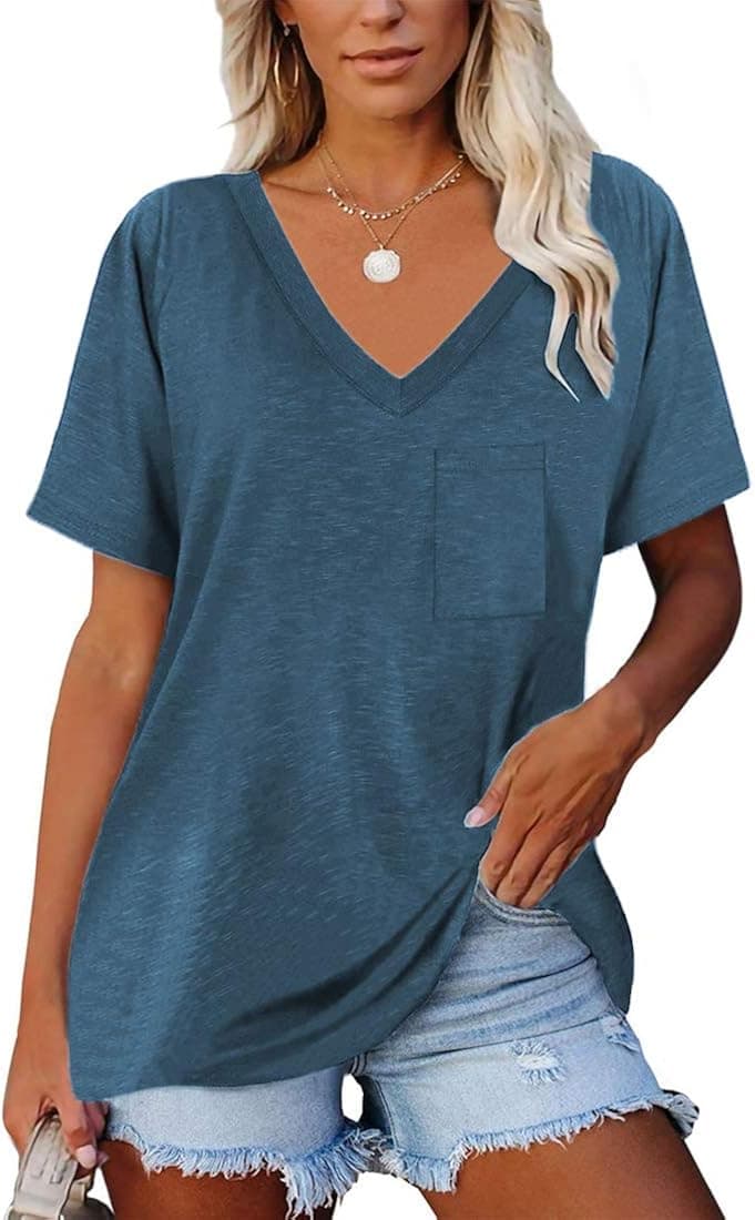 Allaruna Womens Plus-Size T-Shirts Short Sleeve V Neck Side Split Tunic Tops