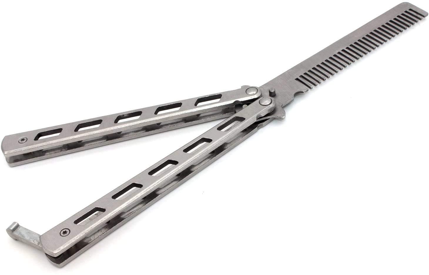 Stainless Steel Beard Comb Men's Hair, Beard and Mustache Styling Comb Steel Practice Training Butterfly Comb (Sliver)
