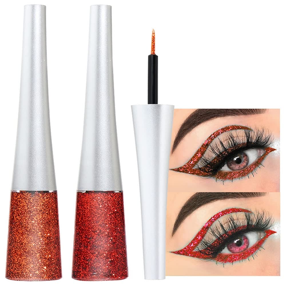evpct 2Pcs Bronzer Red Color Liquid Glitter Eyeliner Sets Eyeliner Glitter Liquid Liners for Women Liquid Sparkly Glitter Eyeliner Makeup delineador con glitter de colores para ojos colores 08+16
