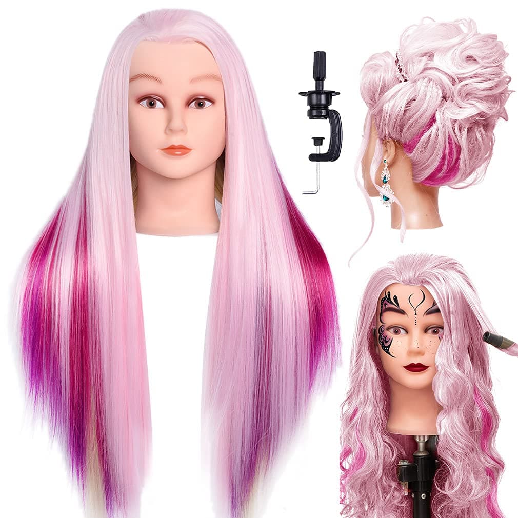 LuAiJa 26"-28" Mannequin Head Hair Styling Training Head Manikin Cosmetology Doll Head Synthetic Fiber Hair with Free Clamp Holder (Rainbow Synthetic Fiber Hair)