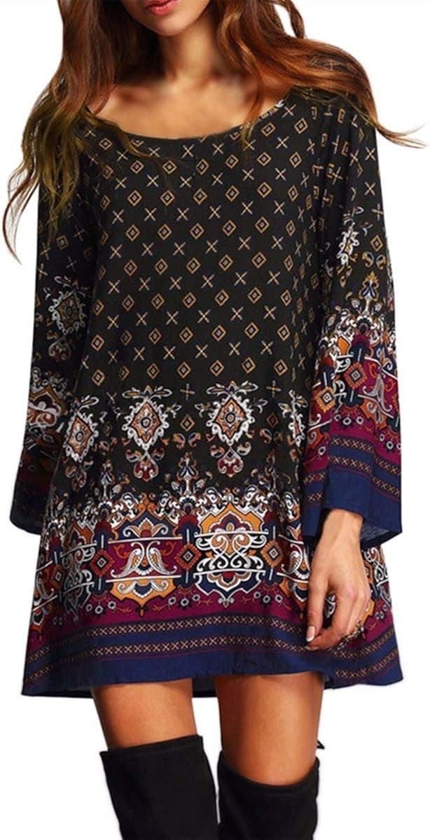Kidsform Women Boho Tunic Dress Vintage Printed Round Neck Bohemia Shift Dress Beach Sundress Tunics Black S