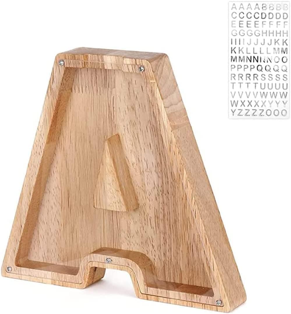 Wooden Letter Piggy Bank, Piggy Bank for Kids Boys Girls Toddler Large 26 Alphabet Money Bank Personalized Custom Name Transparent Saving Coin Bank, Children's Day Gift, Birthday Gift-A