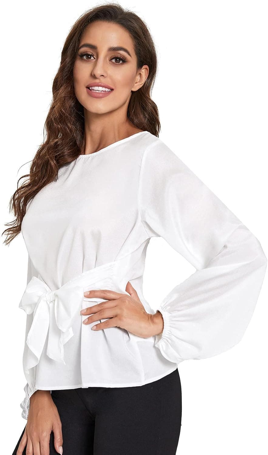 Romwe Women's Floral Print Long Sleeve Self tie Waist Knot Blouse Top