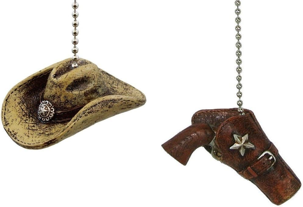 Cowboy Western Theme Ceiling Fan Pull Chain Extender (Set of Two - Cowboy Hat and Western Pistol in Holster)