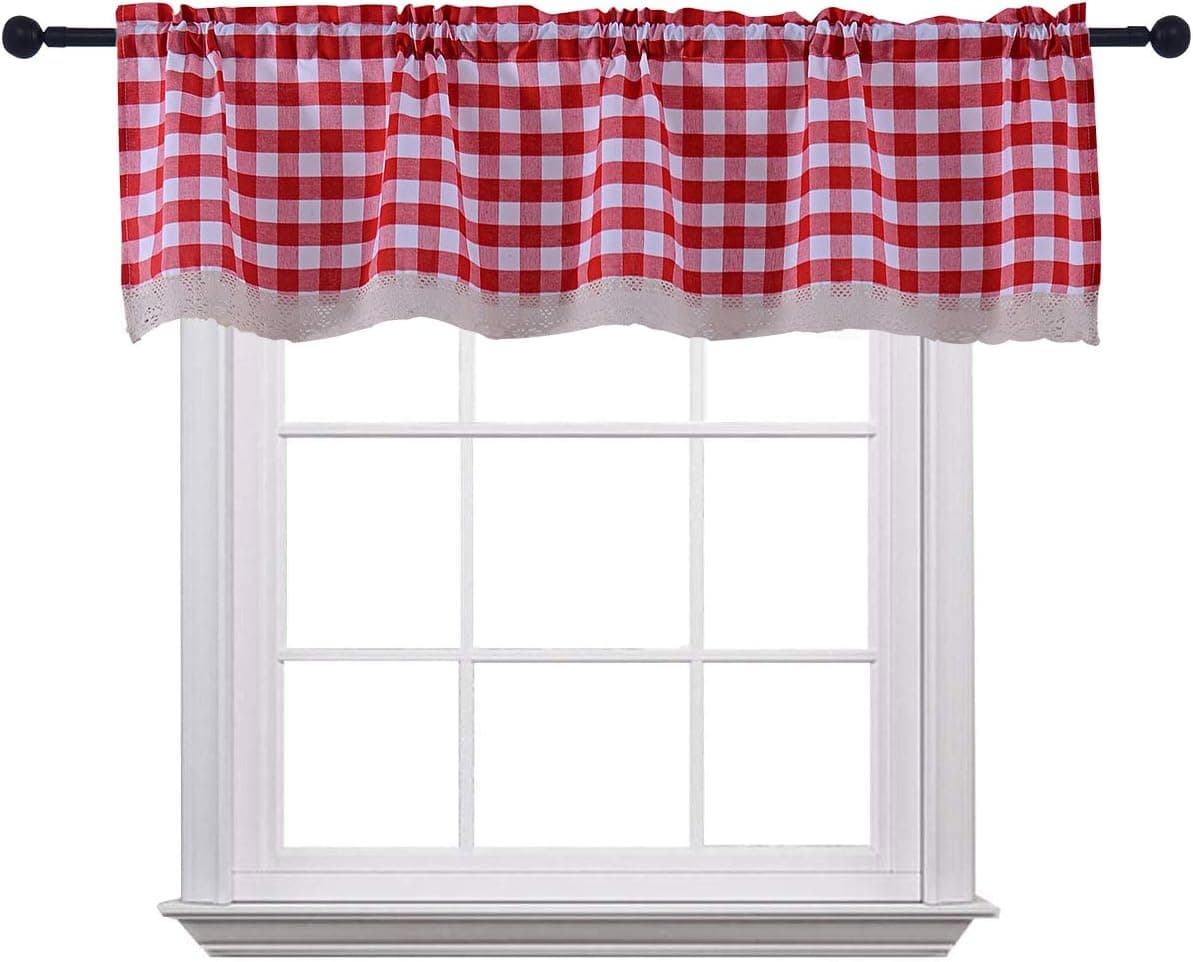 Curtain Valances for Windows Gingham Cotton Blend Window Curtains for Kitchen Living Dining Room 58 x 15 inches Rod Pocket 1 Plaid Valance Red
