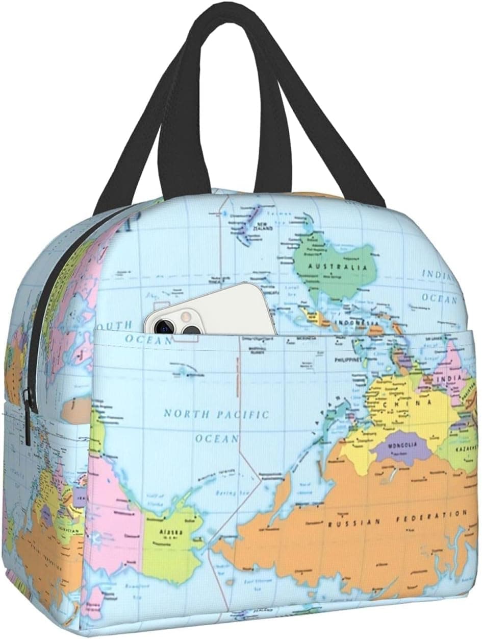 Upside Down World Map Lunch Bag Tote Bag Lunch Bag For Women Men Lunch Box Insulated Lunch Container For Schools Work Travel Outdoors Picnic