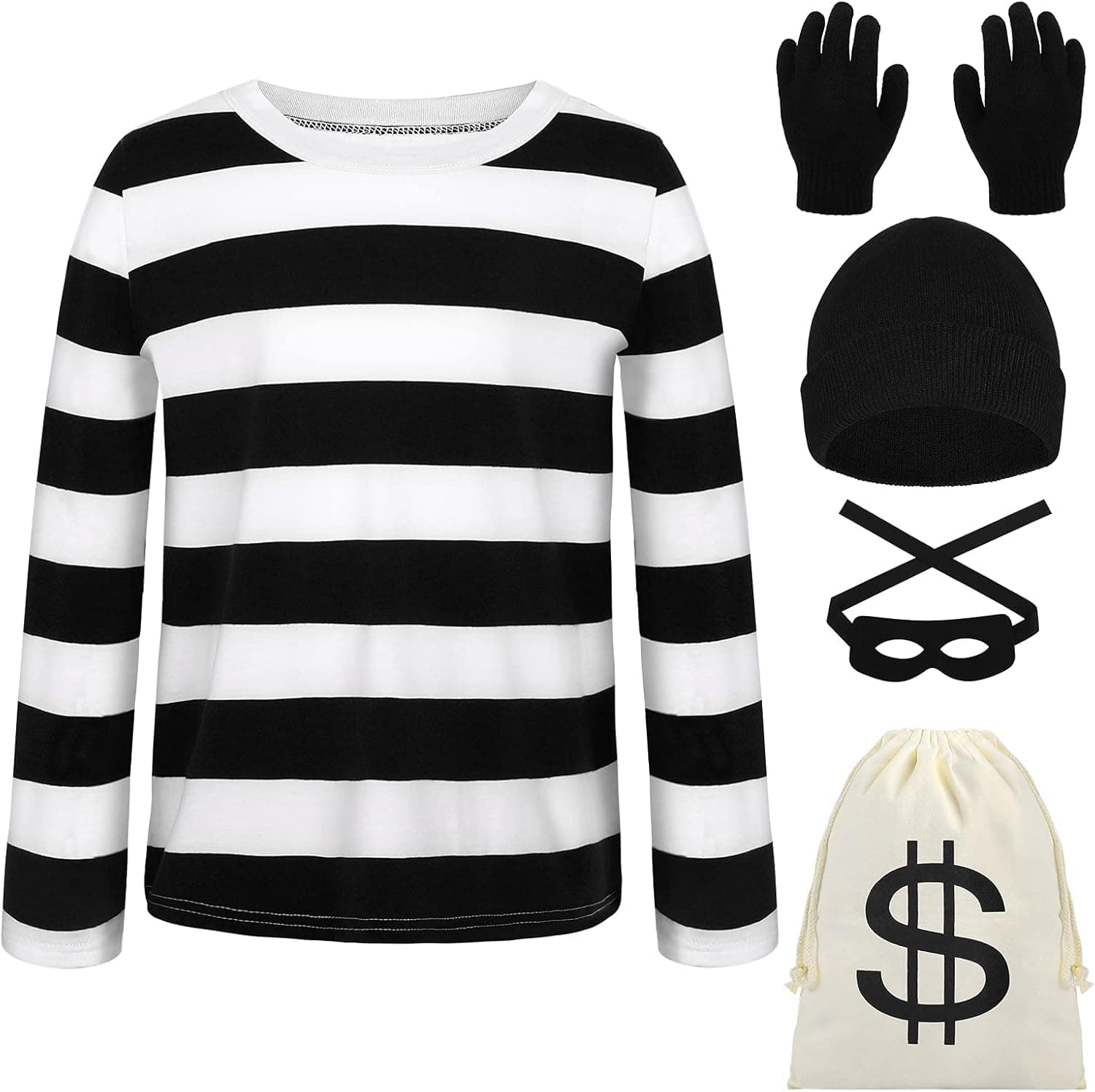 URATOT Kid's Robber Costume Set Black and White Striped Tee Shirt Canvas Bag Gloves Eye Patch and Beanie Cap
