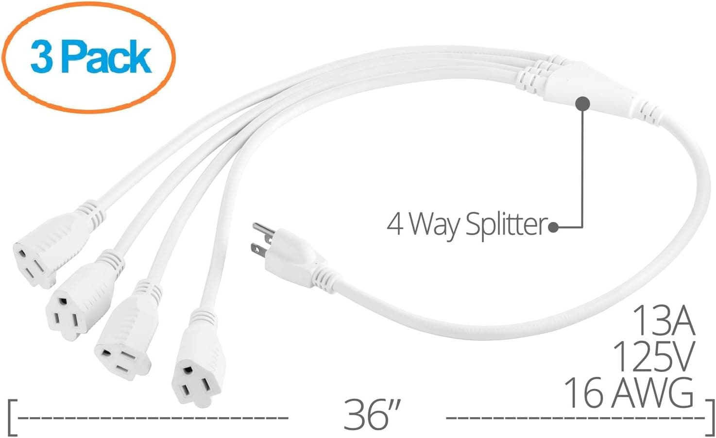Aurum Cables 3 Prong 1-to-4 Power Cord Splitter Cable - Power Extension Cord - Cable Strip Outlet Saver - Outlet Splitter Electrical Cord - 3 Ft - 16AWG - UL Approved - White - 3 Pack