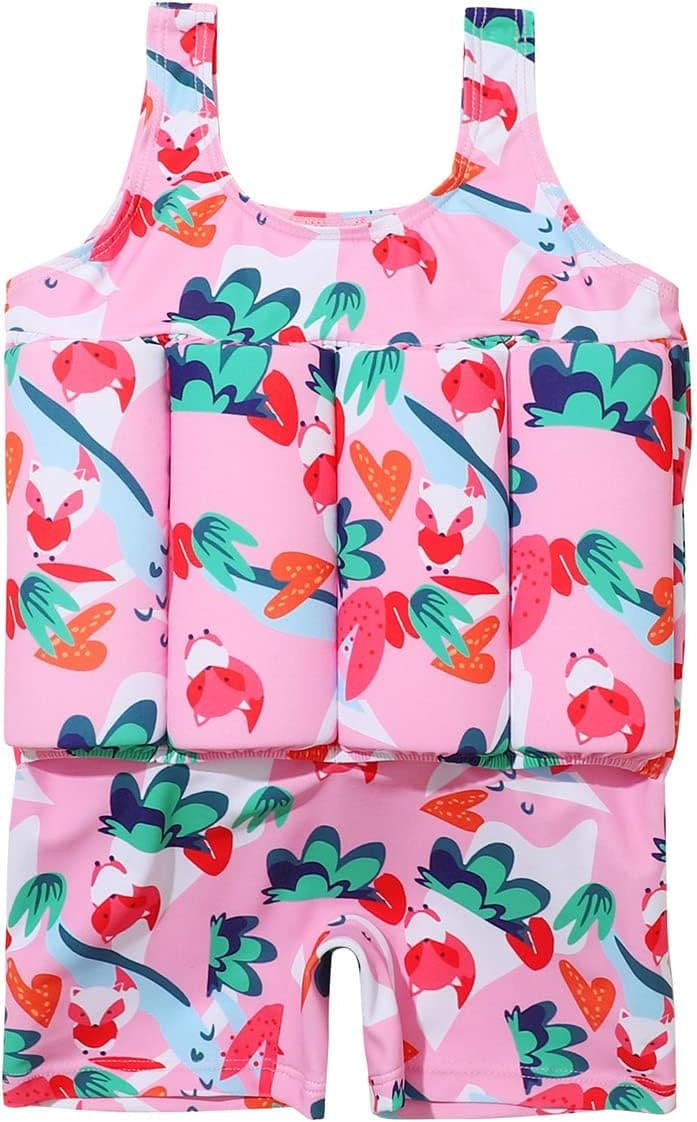 Kids Baby Girls Float Suit with Adjustable Buoyancy Fox Floral Floatation Swimsuit Floating Swimwear Bathing Suit Toddler Float Swim Vest with 8 Removable Buoyancy Sticks Pink Fox 2-3 Years