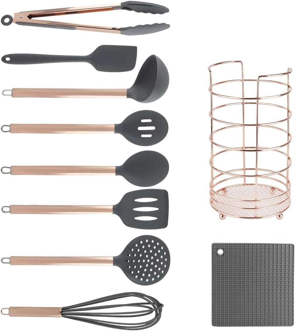 Cook With Color 10 Piece Silicone Cooking Utensil Set with Holder and Trivet, Kitchen Tools and Gadgets with Rounded Copper Handles (Grey)