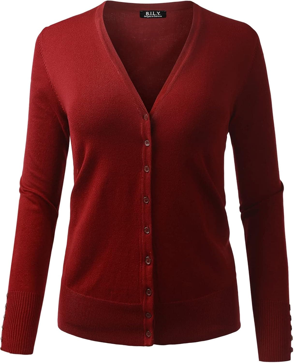 BH B.I.L.Y USA Women's V-Neck Button Down Long Sleeve Classic Knit Cardigan Marsala X-Large