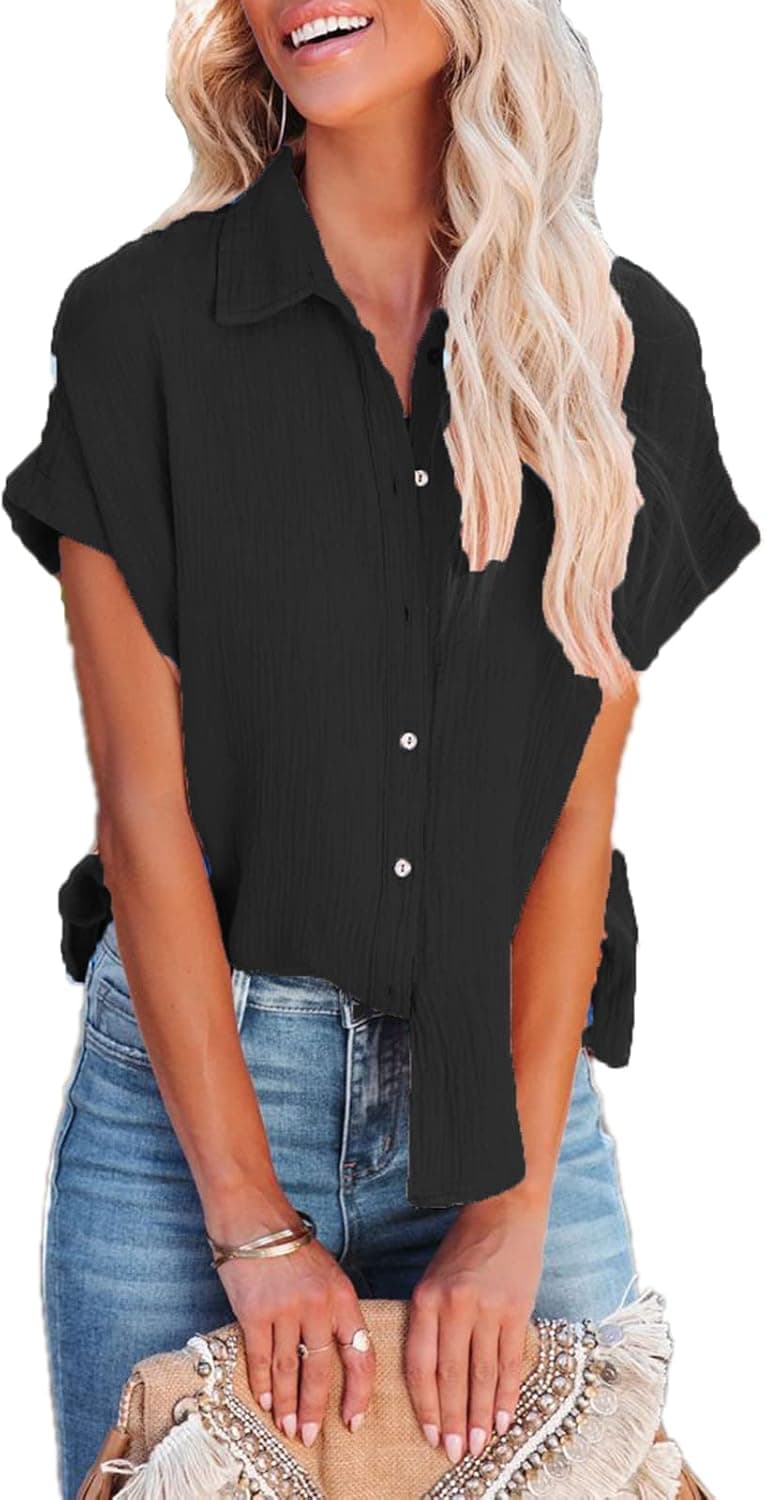 Paintcolors Women's Button Up Shirts Roll-Up Sleeve Blouses V Neck Casual Tunics Solid Color Tops with Pockets