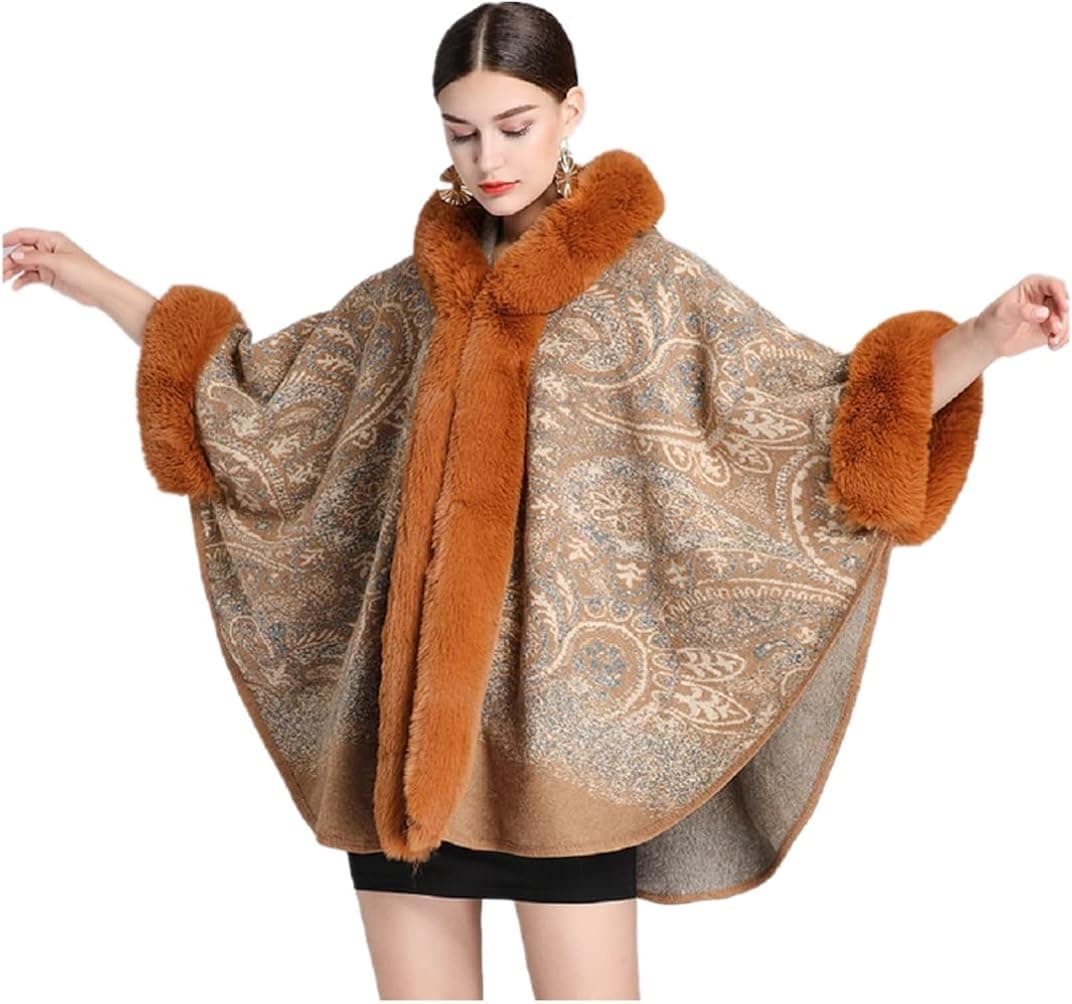 Jli may Women's Faux Fur Shawl Wrap Poncho Ruana Cape Open Front Cardigan Warm Cape Sweater Cloak