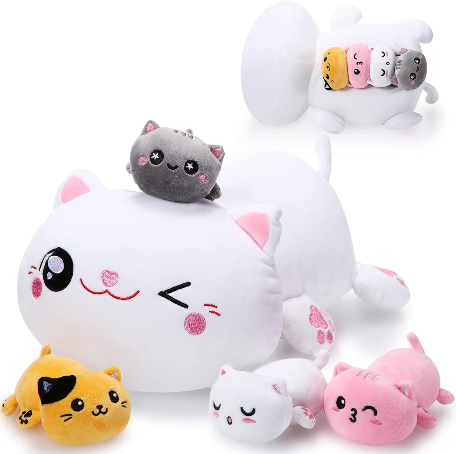 5 Pieces Cat Plush Toy Set 1 Mommy Cat Stuffed Animal with 4 Cute Plush Baby Kittens in Mommy Cat's Belly 16 Inch Soft Nurturing Cat Plush Pillow for Sleeping Birthday Valentines Gifts Party Favors