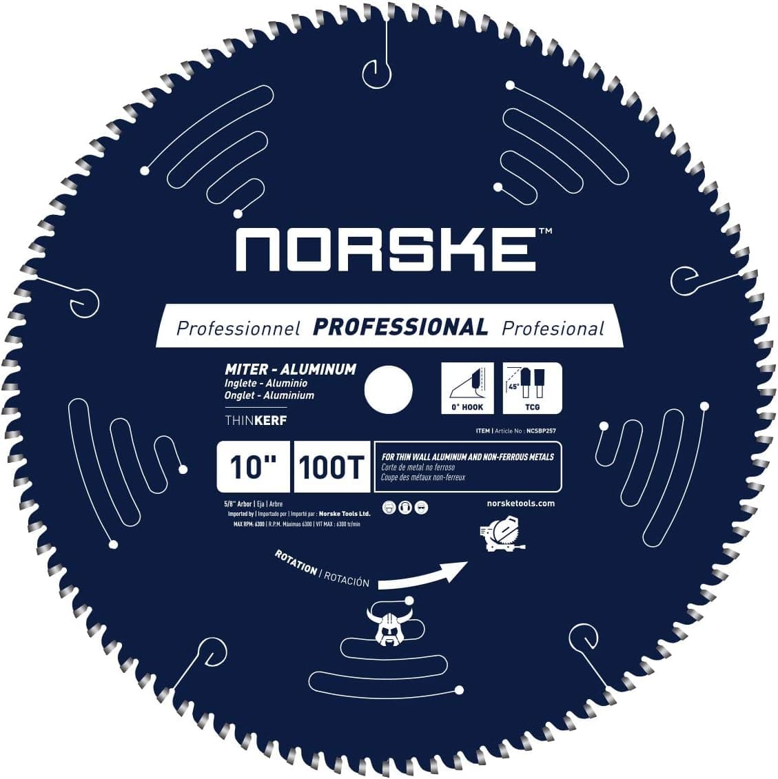 Norske Tools NCSBP257 10 inch 100T Triple Chip Mitre Aluminum Saw Blade for Non-Ferrous Metals (Aluminum, Brass, Coppers and Plastics) 5/8 inch Bore