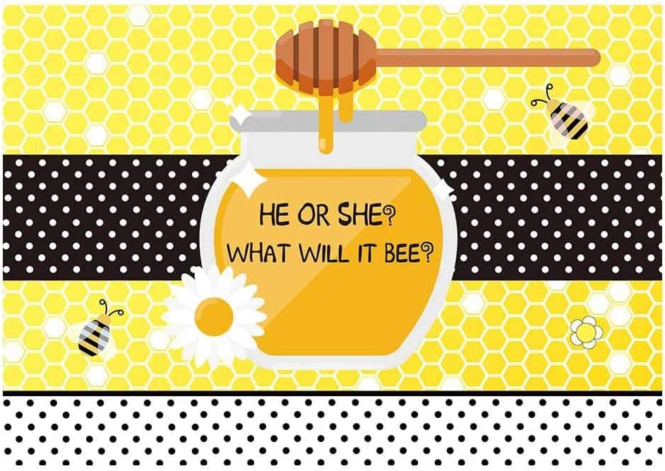 Funnytree 7x5ft Sweet As Can Bee Baby Shower Backdrop He or She Yellow Honeycomb Gender Reveal Photography Background Spoted Boy Girl Gender Surprise Party Cake Table Decorations Photo Booth Banner