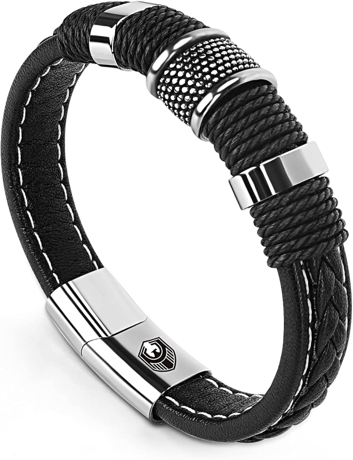 SHIEAGLELD Braided Leather Bracelet for Men Black Leather Wristband Cuff Bangle Bracelets with Magnetic Clasp Vintage Punk Woven Leather Cuff Bracelet Set for Men Gift