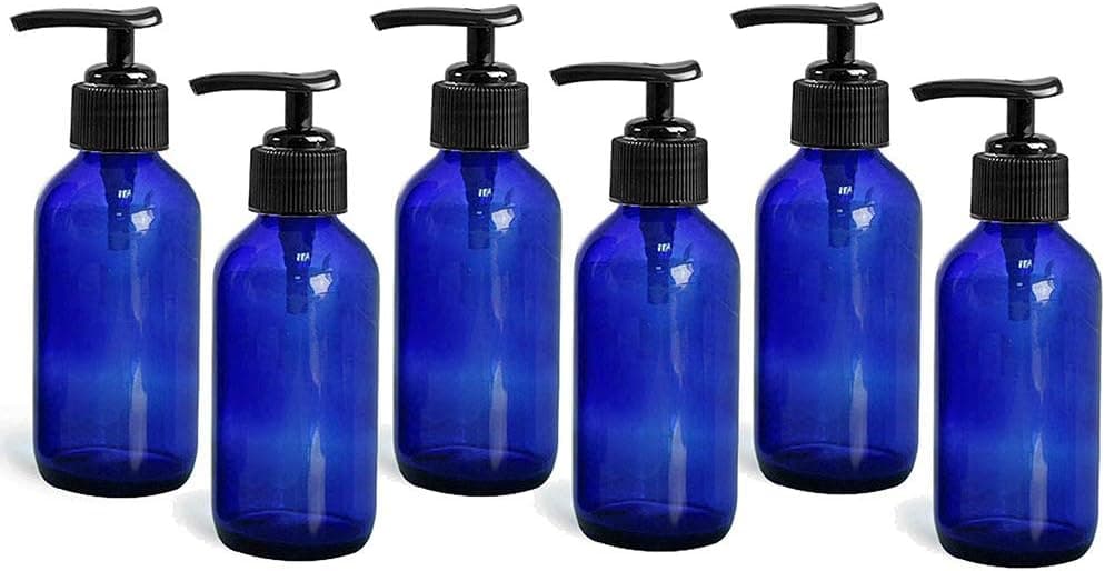 Royal Massage Boston Round Glass Bottle with Saddle Pump - Cobalt Blue 4oz - Set of 6