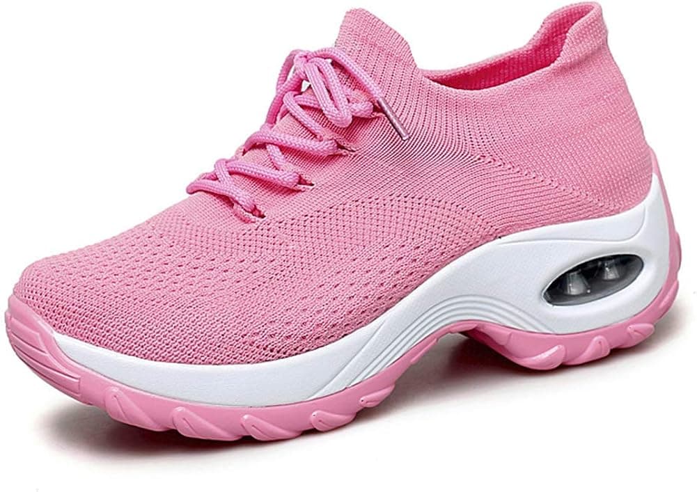 Women's Slip-on Walking Shoes - Air Cushion Mesh Casual Work Nursing Shoes Easy Fashion Sneakers Tennis Shoes Lace-up Pink,6.5 B(M) US
