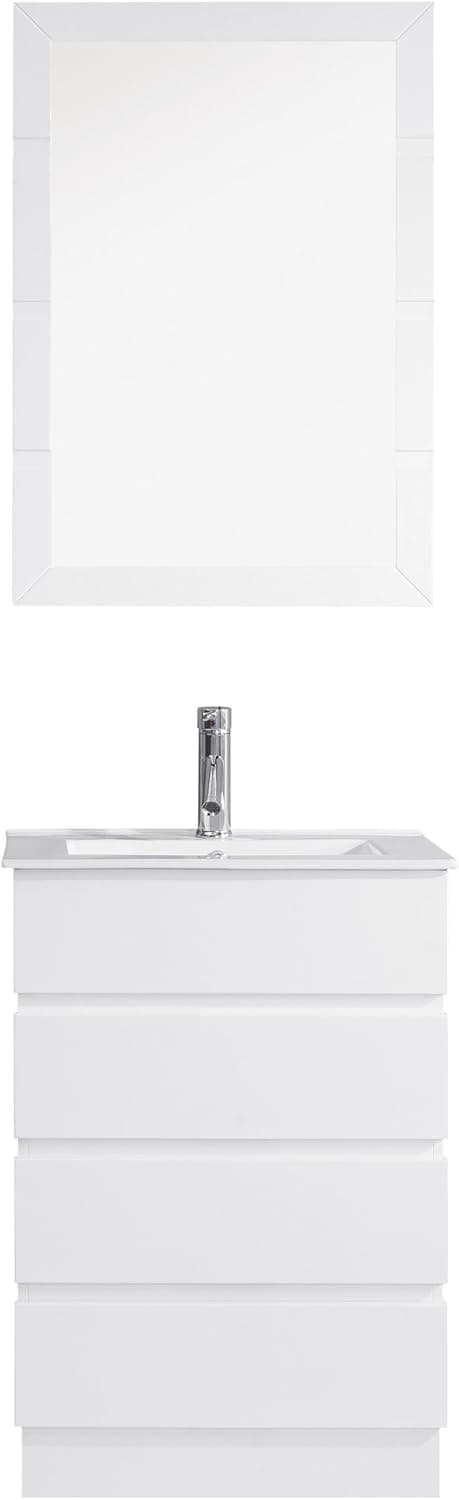 Virtu USA Bruno 24 inch Single Sink Bathroom Vanity Set in White w/ Integrated Square Sink, Slim White Ceramic Countertop, Single Hole Polished Chrome, 1 Mirror - UM-3085-C-WH
