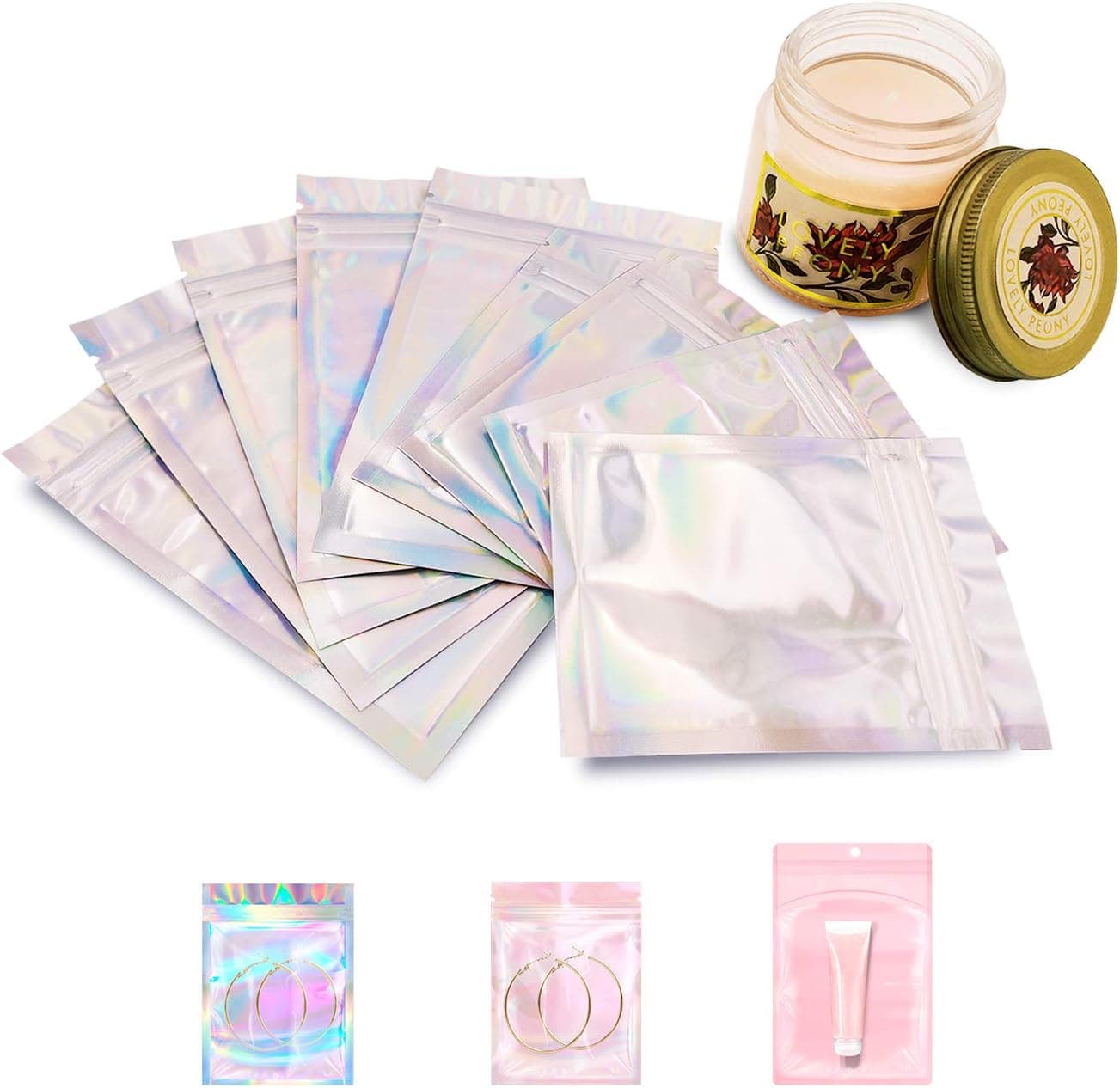 Resealable Smell Proof Bags x 100 (HOLOGRAPHIC RAINBOW, 2.9 x 3.9 in / 7.5 x 10cm) Mylar Ziplock 3x4 bag for Jewelry, Candy, Snacks, Food Storage Packaging by HallGEMs