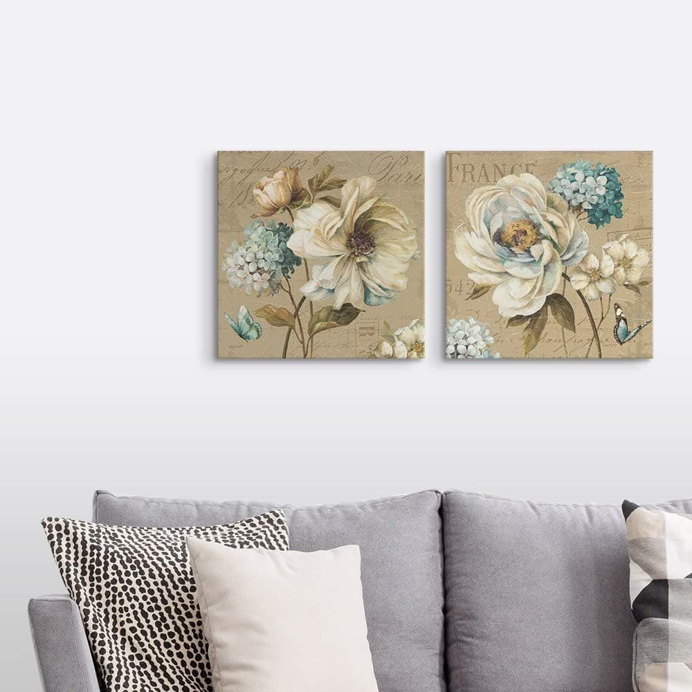 2 Piece Marche de Fleurs Blue Canvas Wall Art Print Set, Flower Home Decor