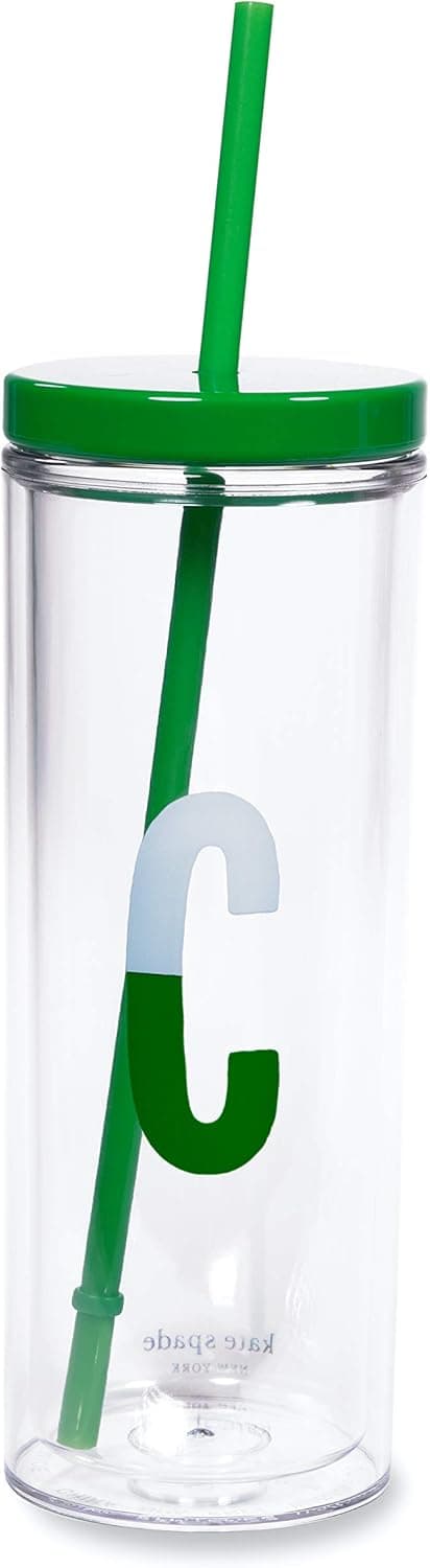Kate Spade New York Insulated Initial Tumbler with Reusable Straw, 24 Ounce Acrylic Travel Cup with Lid, C (green)