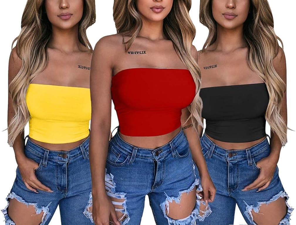 LAGSHIAN Women's Sexy Crop Top Sleeveless Stretchy Solid Strapless Tube Top Set