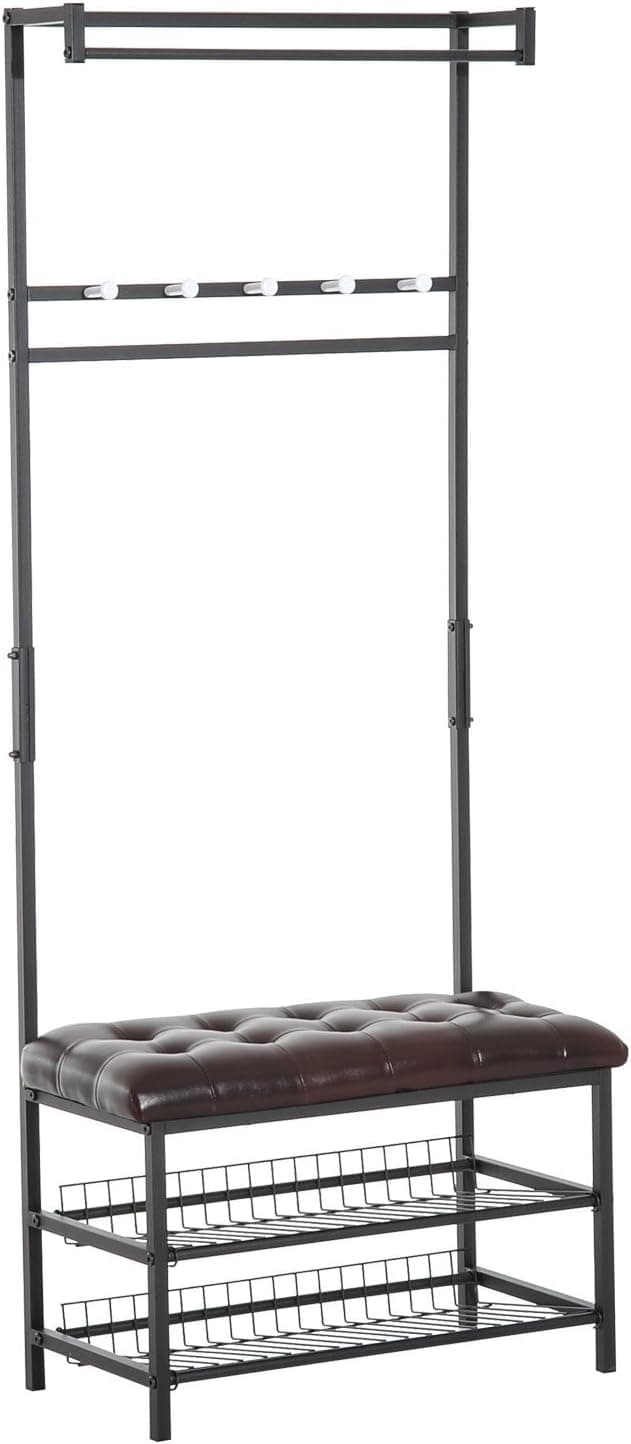 HOMCOM 81" Tall Adjustable 2 Tier Faux Leather Ottoman Bench Shoe Shelf Coat Rack - Dark Brown