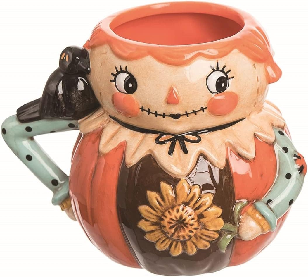 One Holiday Way Vintage Ceramic Scarecrow Woman Fall Character Coffee Mug Cup with Crow Accent - Thanksgiving, Halloween Party Tableware - Country Farmhouse Harvest Home Office Table Decoration
