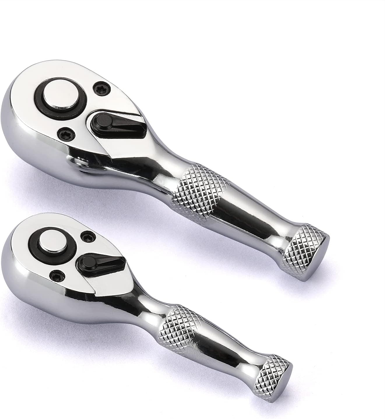 CASOMAN 2pcs 1/4-Inch & 3/8-Inch Drive Stubby Ratchet Set, CR-V, 72-Tooth Quick-Release Ratchet Handle Set, Silver