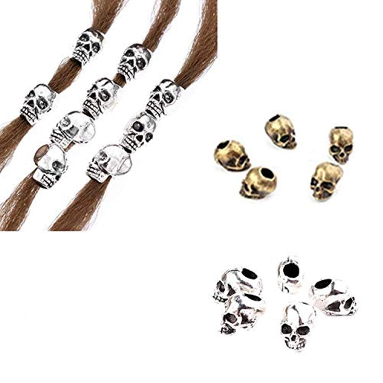 ADIASEN 10pcs Vintage Charm Skull Bead Braid Hair Ring For Women Girl Ponytail Holder Hair Accessories,Men Beard (Gold)