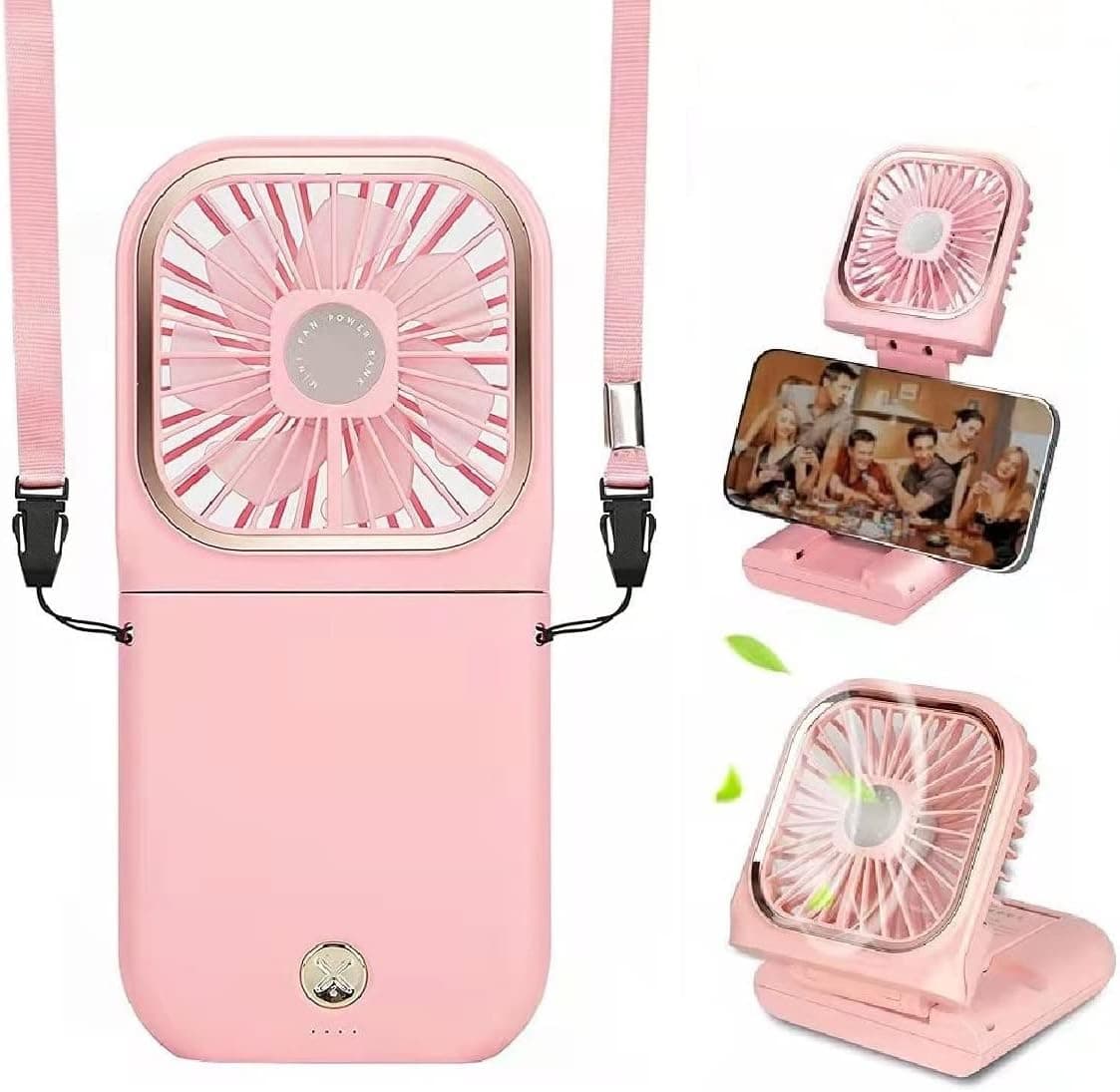 Mini Portable Handheld fan, Small Desk Fan Foldable Hand Fan Hanging Neck Fan with lanyard, 3 Speed USB Fan with Phone Stand Power Bank, Hands Free Personal Fan Perfect for Girls Indoor Outdoor-Pink