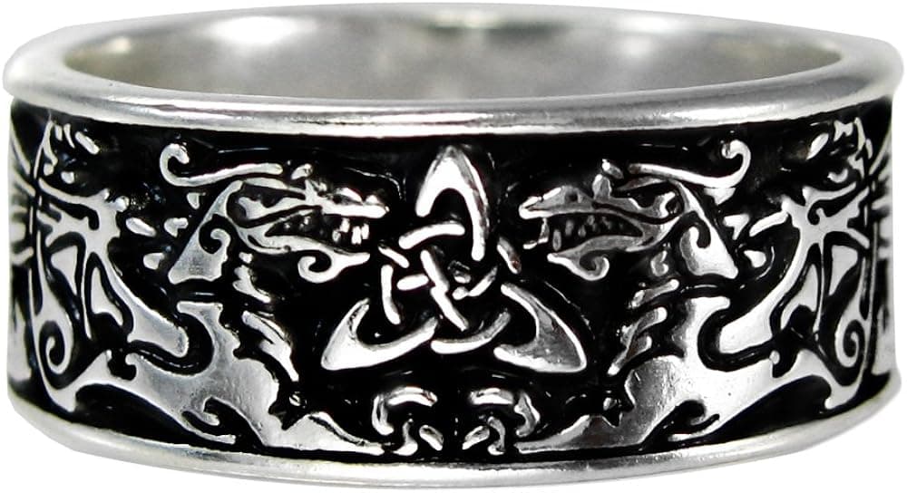 Sterling Silver Wide Celtic Knot Triquetra Dragon Ring (Size 6-15)