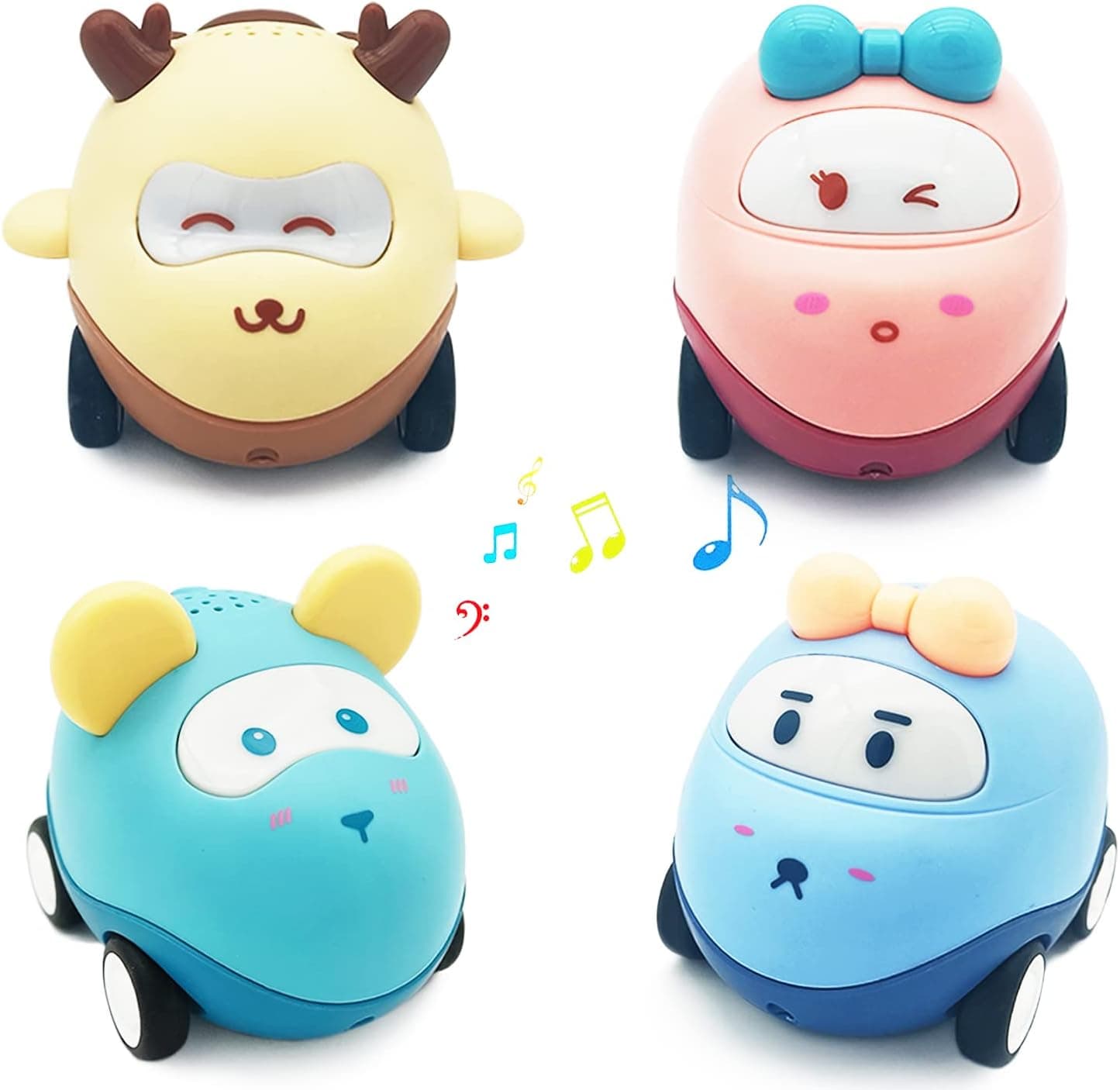 1 Year Old Boy Gifts, Toddler Car Toy Set of 4 Cartoon Friction Powered Cars with Sounds and Lights, Birthday Gift for 1 2 3 Year Old Boys and Girls